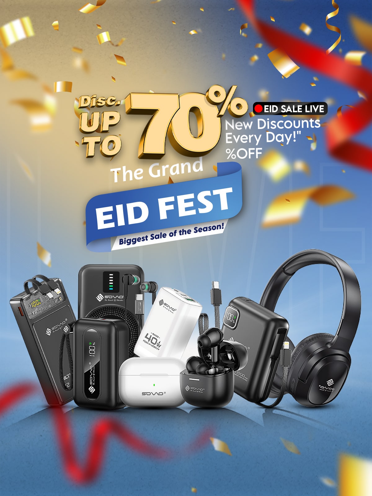 Sovo Eid Sale 2025 is LIVE! Enjoy up to 70% OFF on premium power banks, wireless chargers & accessories. Shop now for exclusive Eid discounts and grab the best deals before they’re gone! #EidSale #Sovo #BestDeals